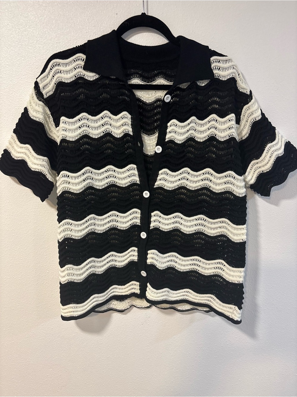 Black and White Striped Knit Polo Top
